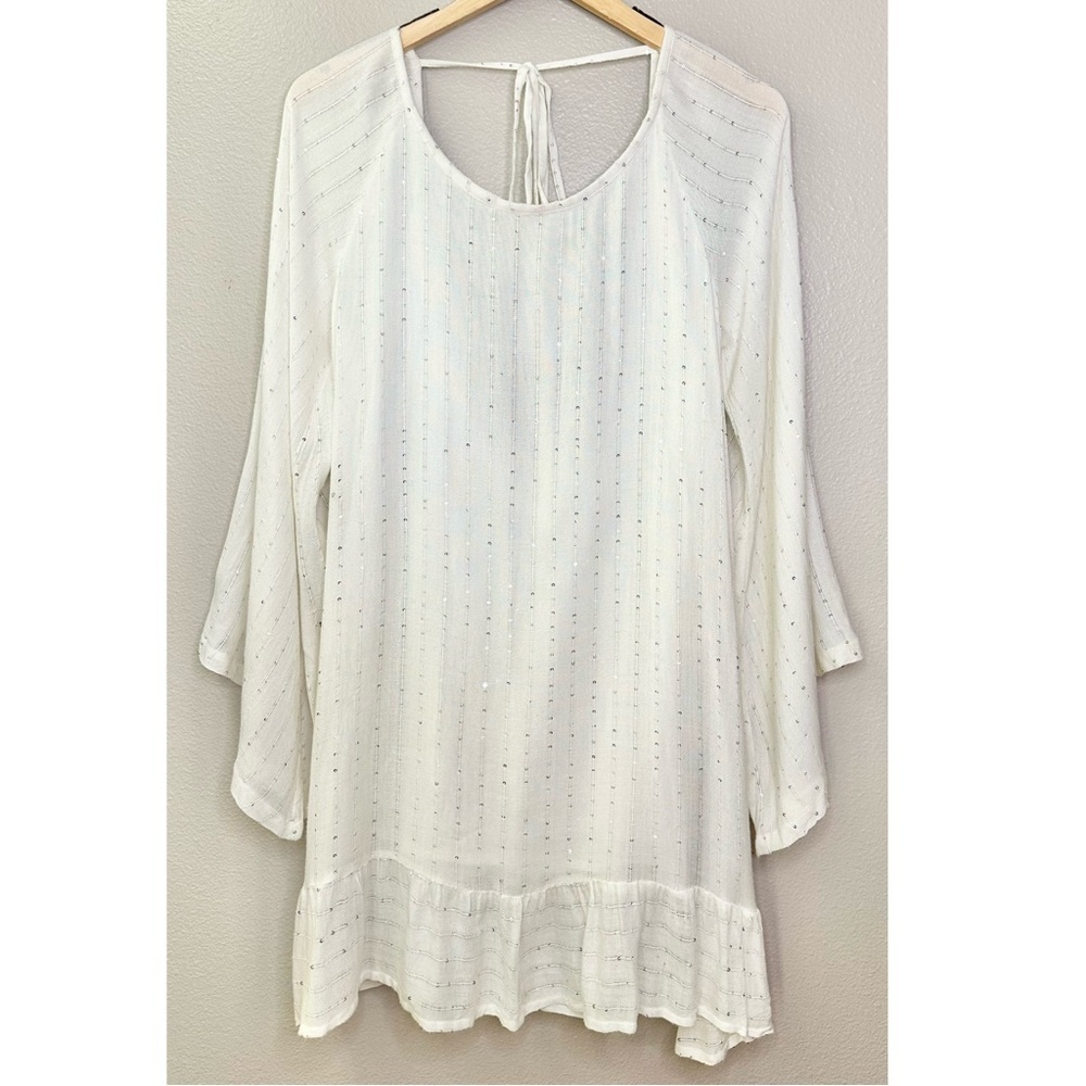Sundress Indiana White Sequin Turquoise Beaded Tassels Swim Cover-Up Mini Dress - Picture 9 of 9
